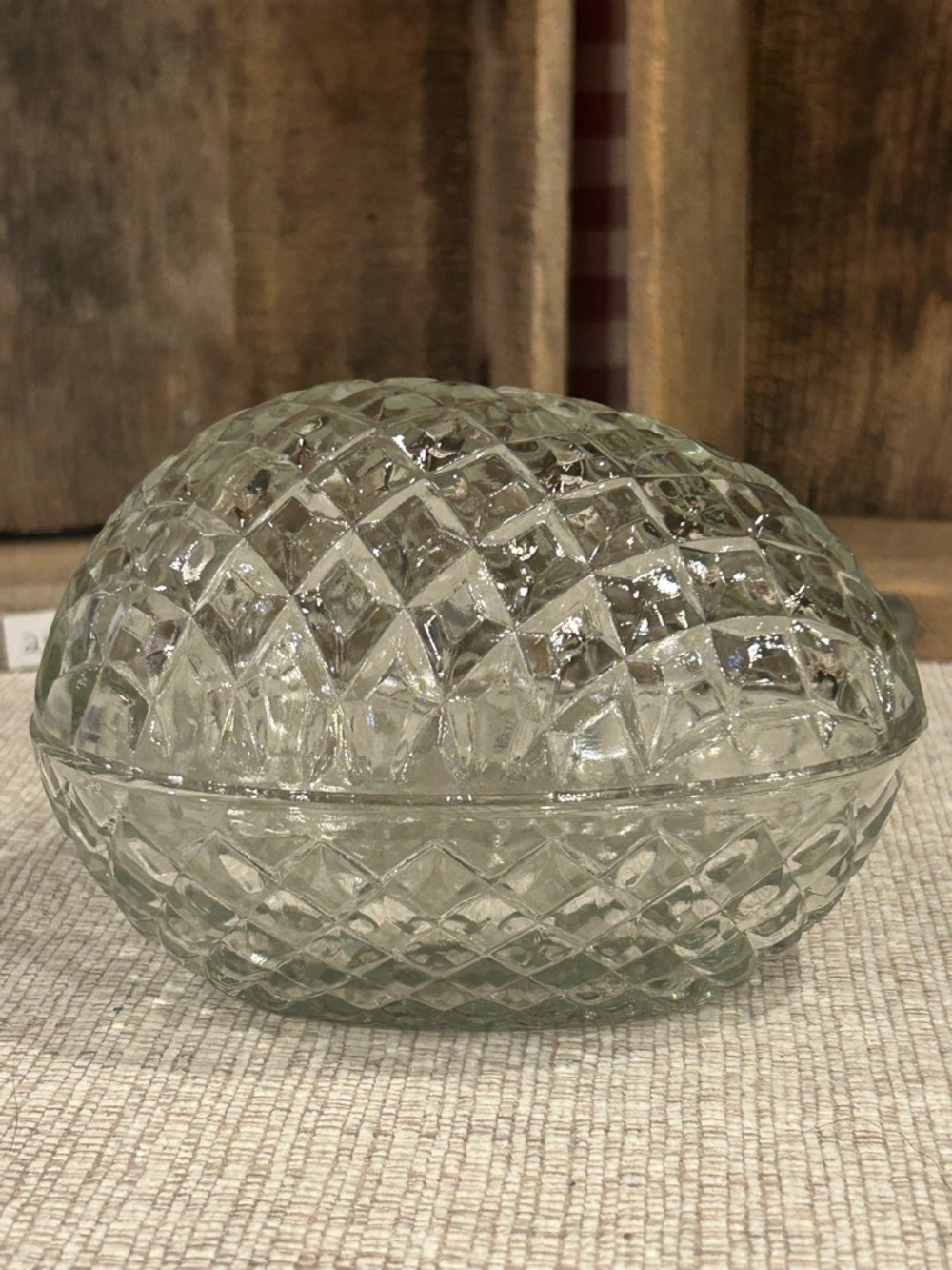 Vintage 6" Cut Glass Easter Egg Trinket/Candy Dish w/ Lid Diamond Pattern